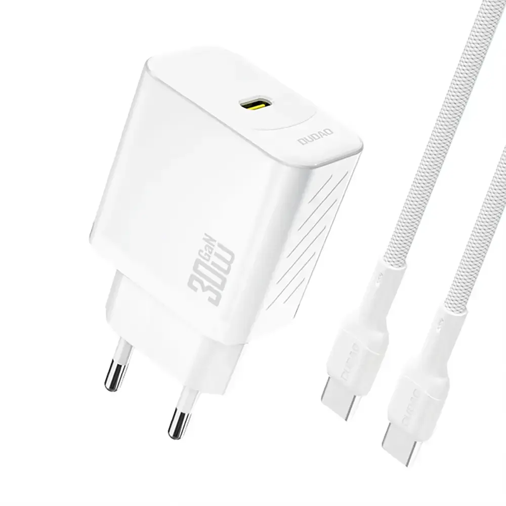 Dudao A27PCEU tīkla lādētājs | 30W | PD, GaN | USB-C | ar USB-C uz USB-C vadu komplektā | balts
