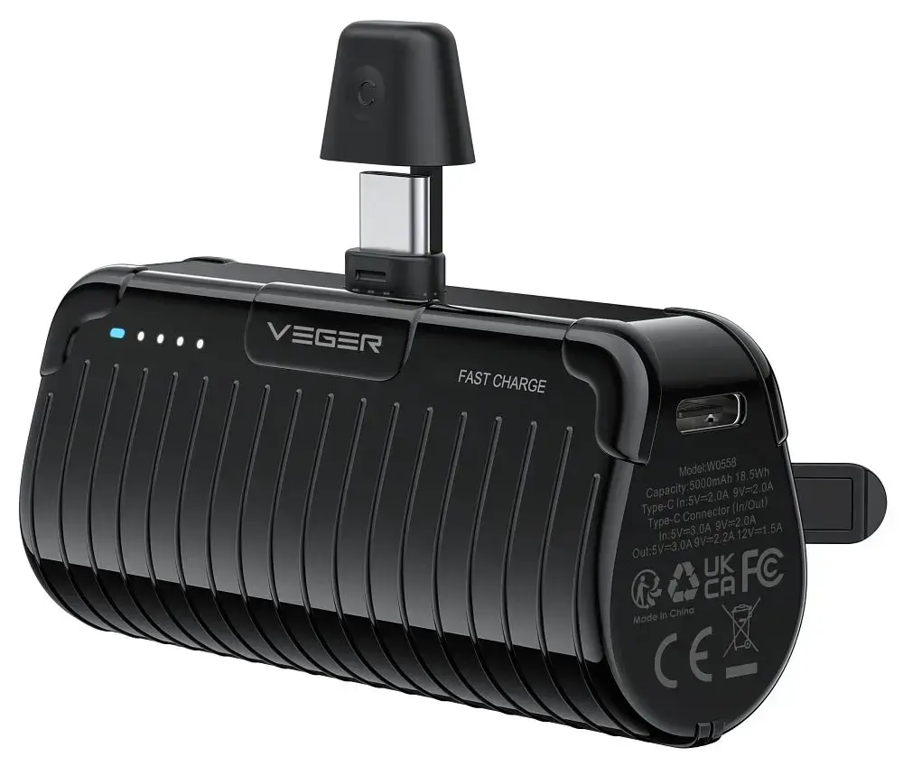 Veger PlugOn (W0558) ārējais akumulators (powerbank) | 5000 mAh | 20W | PD, QC | USB-C | melns