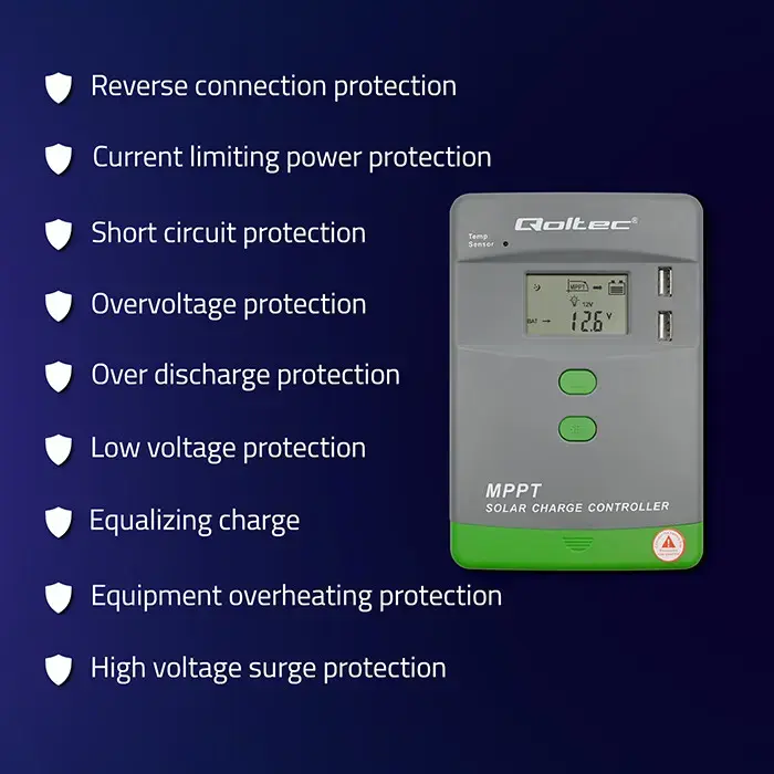 Qoltec Solar Charge Controller MPPT with Temperature Sensor 10A | 12V / 24V | LCD | 2 x USB | GEL | LiFePO4