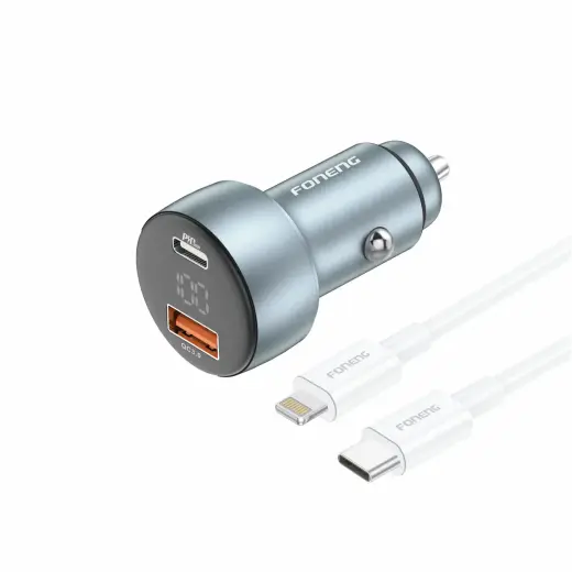 Foneng C18 car charger | 48W | PD, QC | USB-C, USB-A, Lightning | with Type C to Lightning cable included | with LCD display | grey