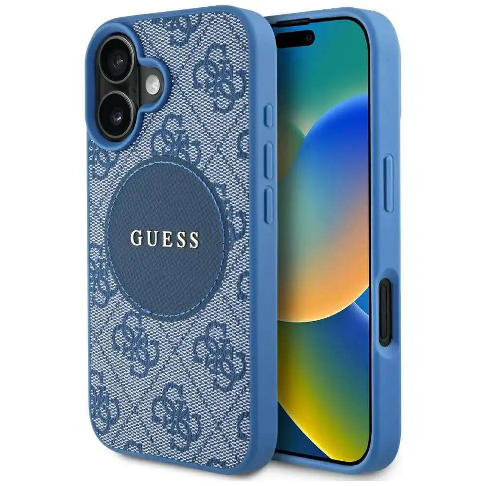 Guess Circle Classic Logo telefona maciņš priekš iPhone 16 zils ar MagSafe atbalstu