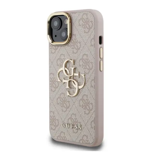 Guess PU 4G Metal Logo Stand Camera Frame phone case for iPhone 15 Pink