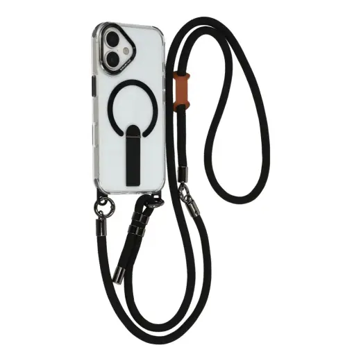 Ar statīvu, īsu siksniņu (30 cm) un garu siksniņu (120 cm) maciņš ar MagSafe atbalstu telefonam iPhone 17 melns