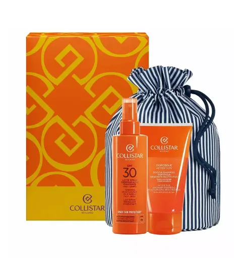 Set Collistar Moisturizing Tanning Milk Spray Spf30 200ml + After Sun Shower - Shampoo 150ml + Pouch