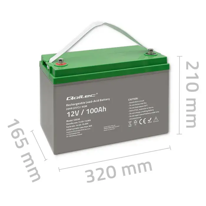 Qoltec AGM battery | 12V | 100Ah | 28.1kg | Maintenance-free | Strong | LongLife | for UPS, RV, boat, heater