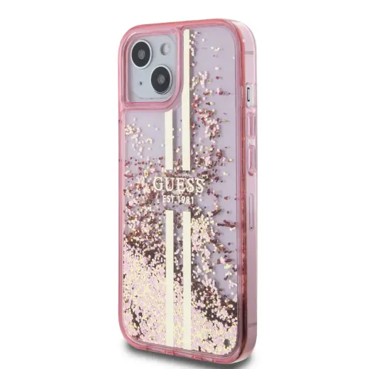 Guess PC|TPU Liquid Glitter Gold Stripe Case for iPhone 15 Pink