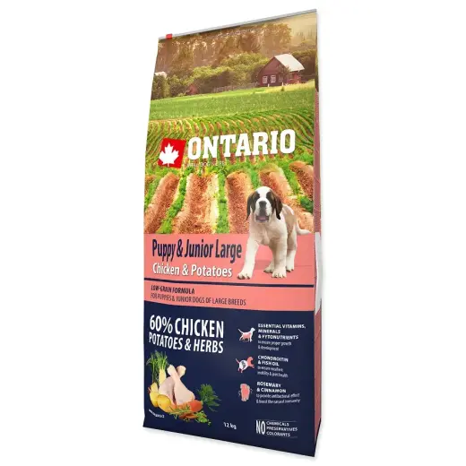 Sausa barība kucēniem - Ontario Puppy and Junior Large, Chicken and Potatoes, 12 kg