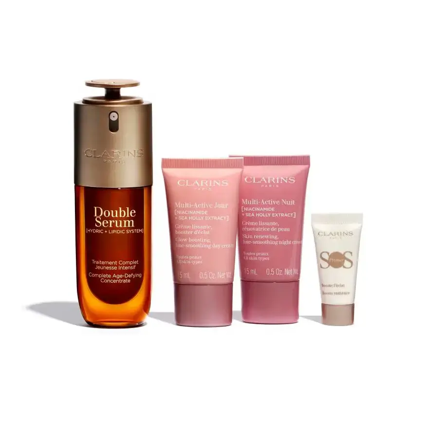 Set Clarins: Double, Anti-Ageing, Serum, For Face, 50 ml + Multi Active Jour, Age-Defying, Day, Cream, For Face, 15 ml + Multi Active, Smoothing, Night, Cream, For Face, 15 ml + S.O.S., Moisturizing, Liquid Primer, 5 ml *Miniature