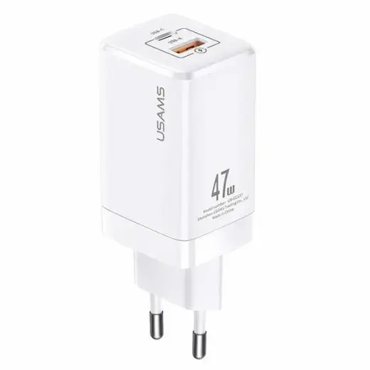 USAMS T41 travel charger | 47W | GaN, PD, QC | USB-C, USB-A | white