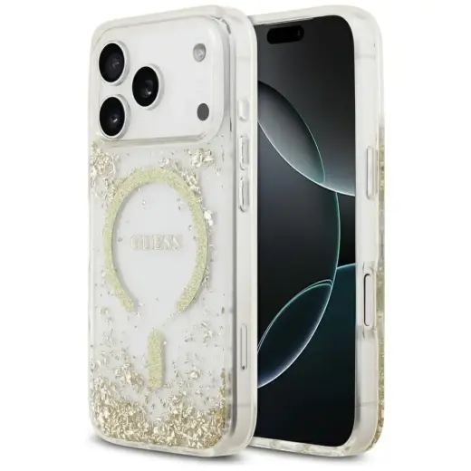 Guess Resin Bottom Glitter чехол с поддержкой MagSafe для телефона iPhone 17 Pro золотой