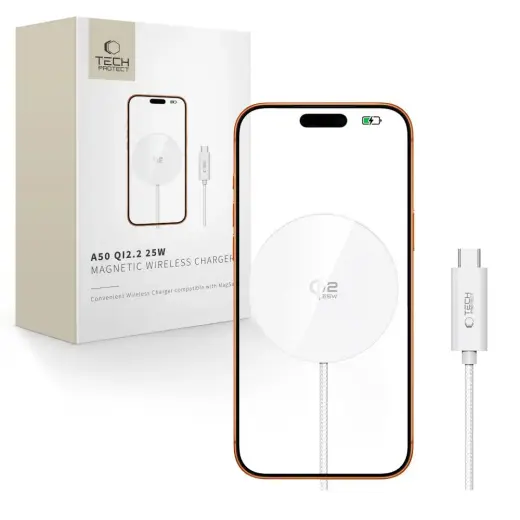 Tech-Protect A50 bezvadu lādētājs | Qi 2.2 | Saderīgs ar MagSafe | 25W | balts
