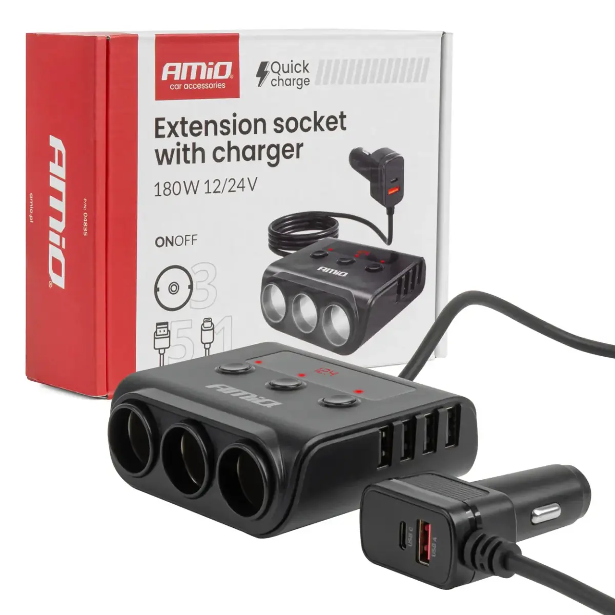 Extension socket with charger 4xUSB-A QC3.0 PD 3.0 180 W AMIO-04835