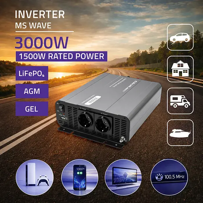 Qoltec MS Wave Voltage Converter | 12V to 230V | 1500/3000W | USB | Compatible with LiFePO4, GEL and AGM batteries