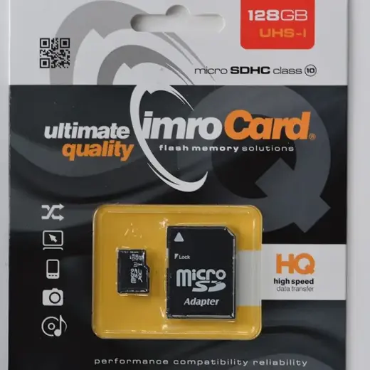 Карта памяти IMRO KOM000670 MicroSDXC 128 ГБ, класс 10 UHS-I, черная, с SD-адаптером.