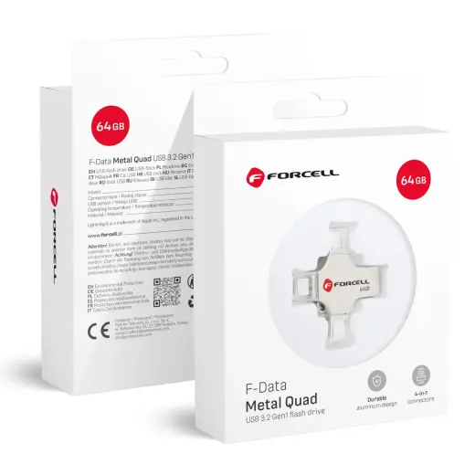 Pendrive 64GB USB 3.2 Gen 1 (USB A / USB C / Lightning / Micro USB) Forcell F-Data Metal Quad silver