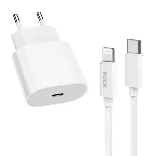 Rock T18 travel charger | 20W | GaN, QC3.0, PD | USB-C, Lightning | with Lightning cable included | white