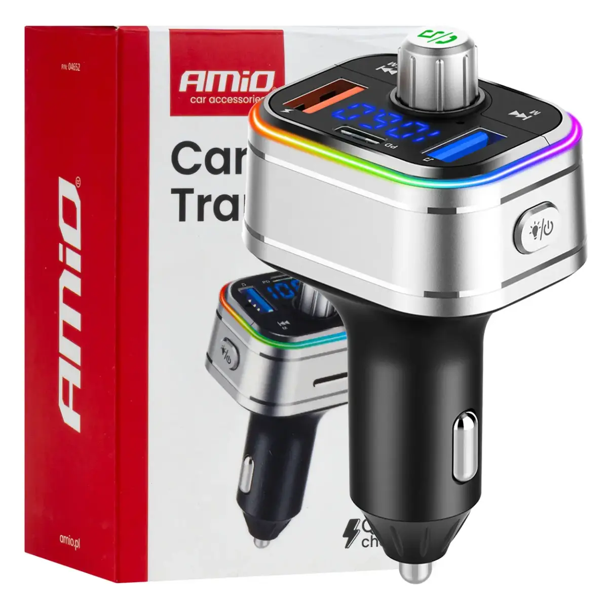 Car FM Transmitter 1×USB-C microSD 12V 24V AMIO-04652