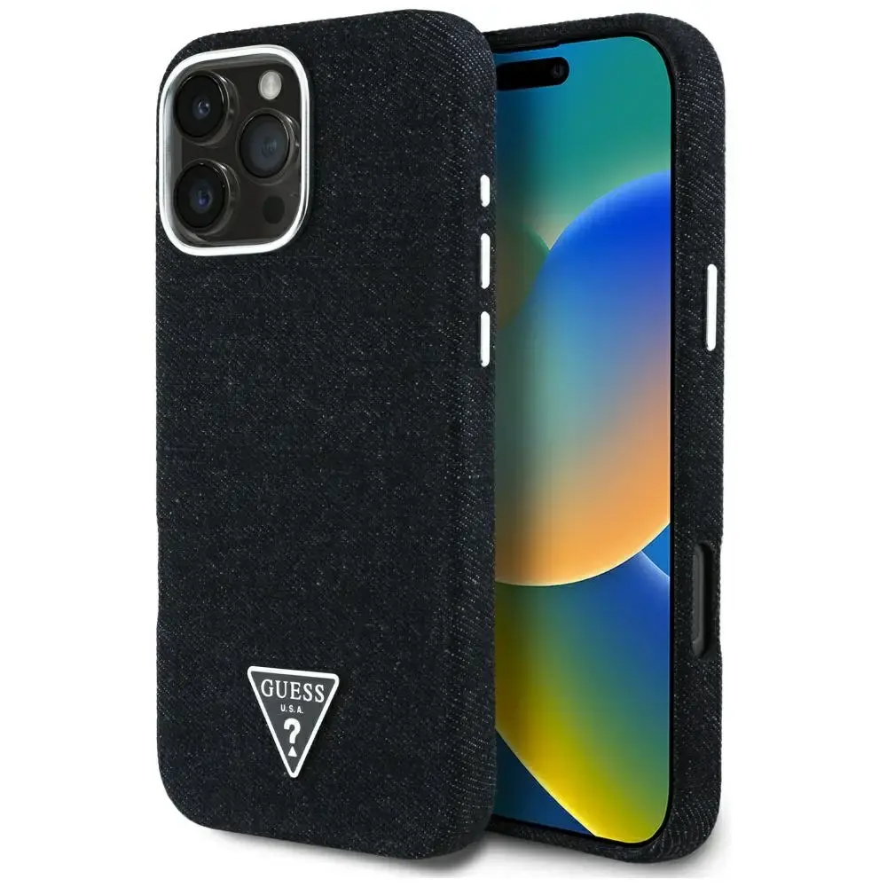 Guess Denim Triangle Logo telefona maciņš priekš iPhone 16 Pro Max melns ar MagSafe atbalstu