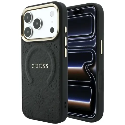 Guess Saffiano Peony & Ring phone case with stand and MagSafe support for iPhone 18 Pro Max | iPhone 17 Pro Max black