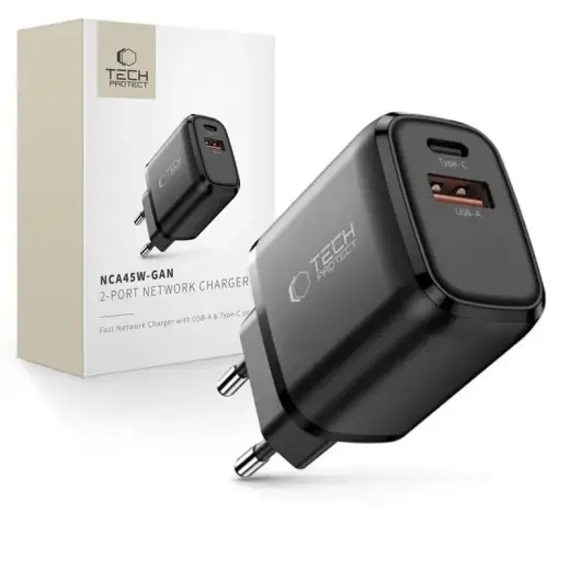 Tech-Protect NCA45W-GAN tīkla lādētājs | 45W | PD, QC, GaN | USB-C, USB-A | melns