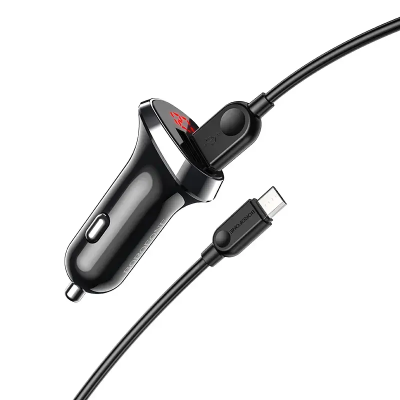 Borofone BZ15 Auspicious car charger | 12W | USB-A | with MicroUSB cable included | with digital display | black