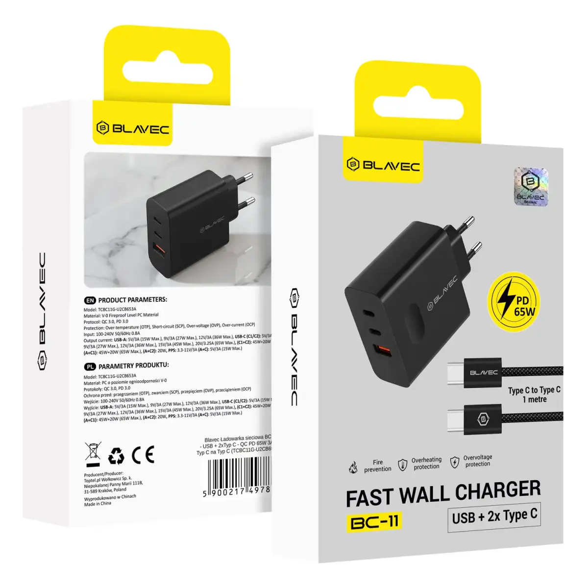 Blavec Wall charger BC-11 GaN - USB + 2xType C - QC PD 65W 3A with Type C to Type C cable (TCBC11G-U2CB653A) black