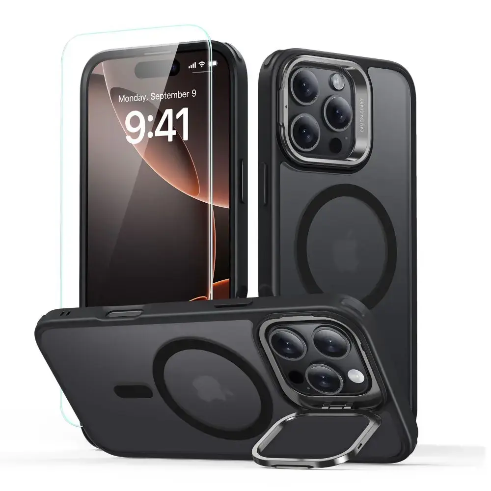 ESR Classic Hybrid Kickstand Halolock MagSafe Case Set + Tempered Glass for iPhone 16 Pro - Black