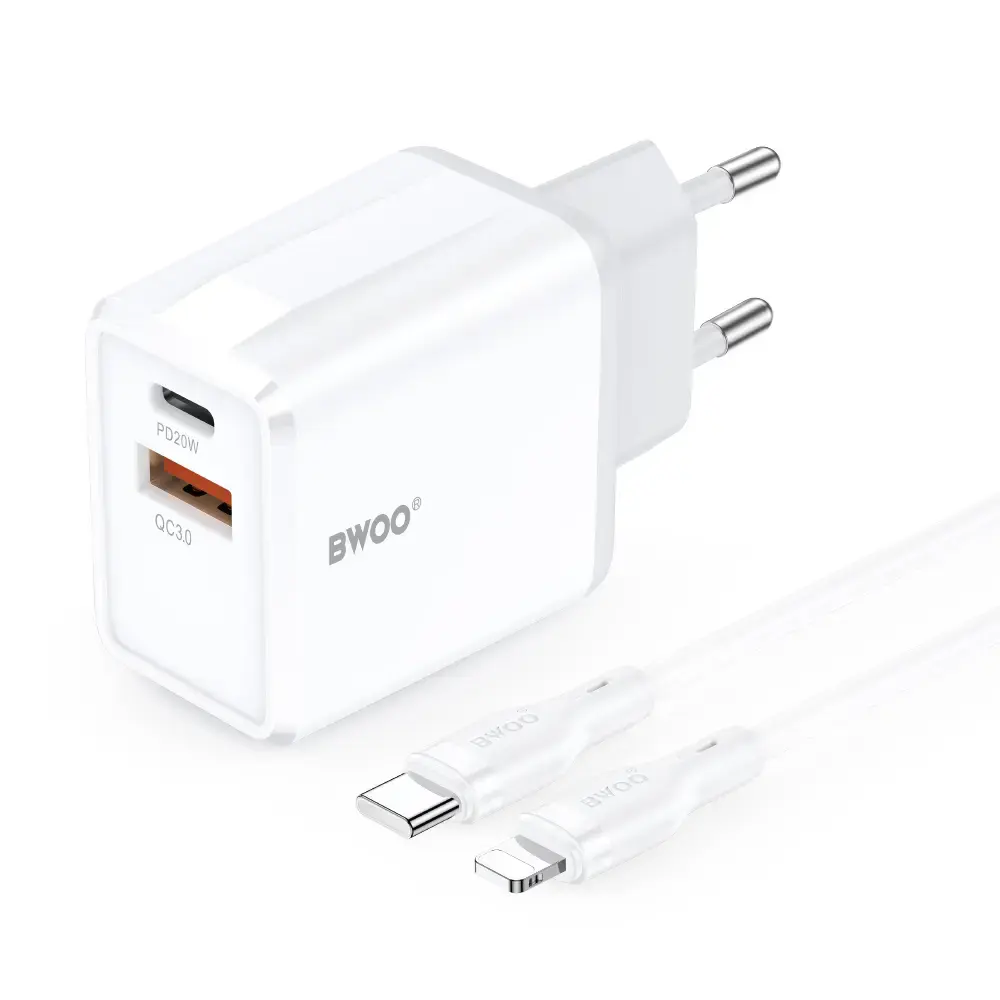 BWOO CDA182 tīkla lādētājs | 20W | PD, QC | USB-A, USB-C | ar USB-C uz Lightning vadu komplektā | melns
