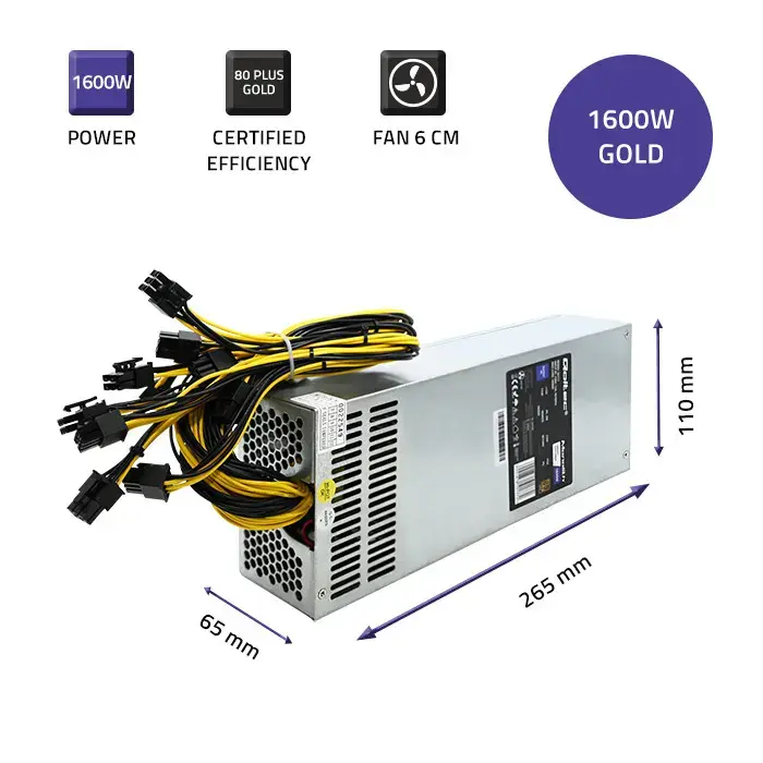 Qoltec PCI-E power supply Smart 1600W | 80 Plus Gold | Data mining