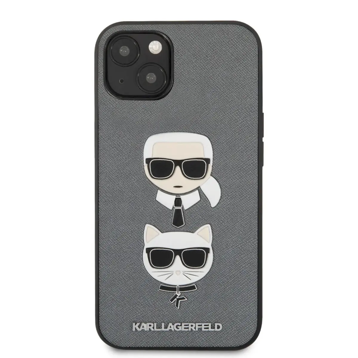 KLHCP13MSAKICKCSL Karl Lagerfeld PU Saffiano Karl and Choupette Heads Case for iPhone 13 Silver