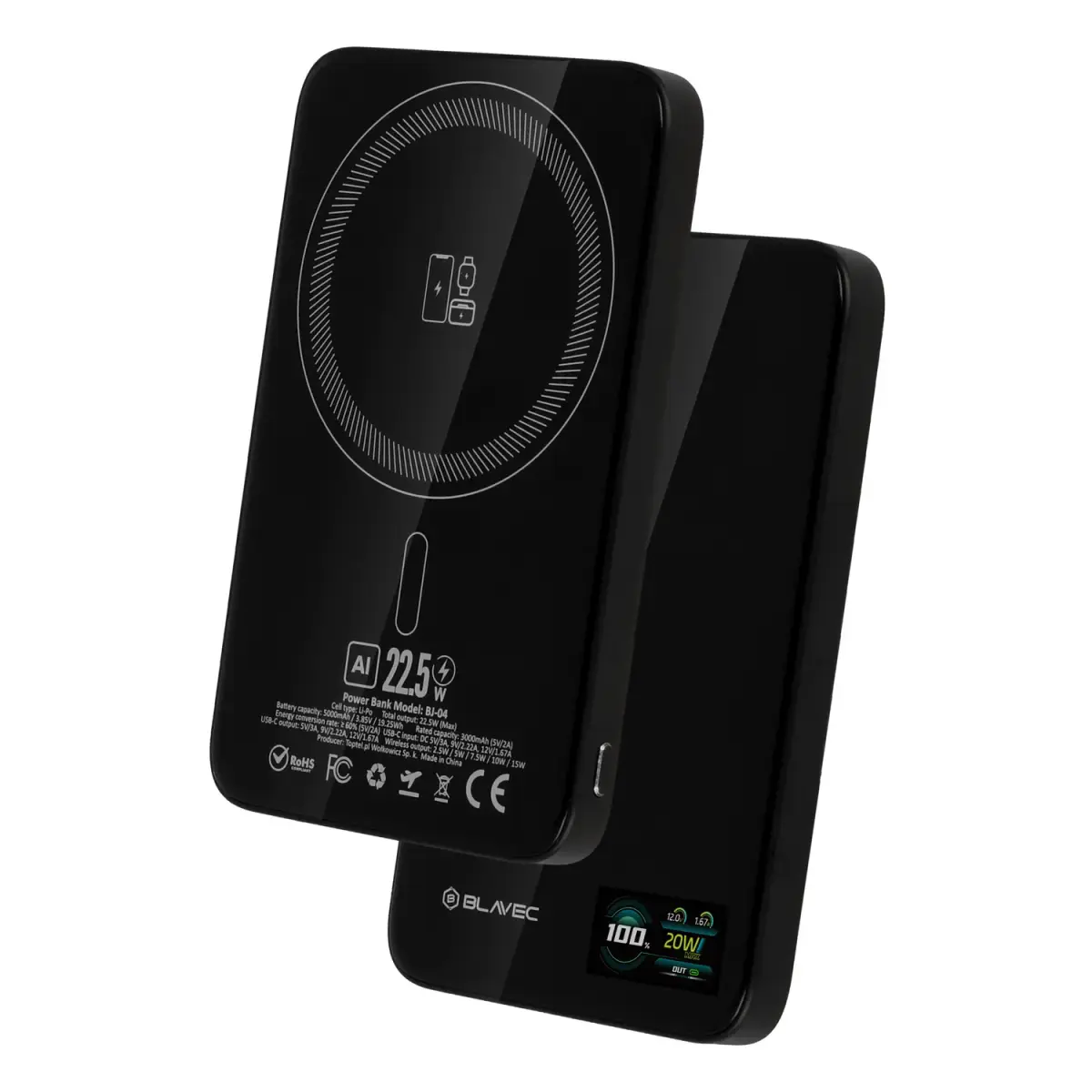 Blavec BJ-04 Ultra Slim 7,8mm external battery (powerbank) | 5000 mAh | 22.5W | USB-C, MagSafe | LED display | black