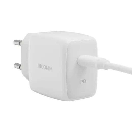Sienas lādētājs 25W PD Ricomm RC251 EU, 1xUSB-C + 2,1 m USB-C kabelis