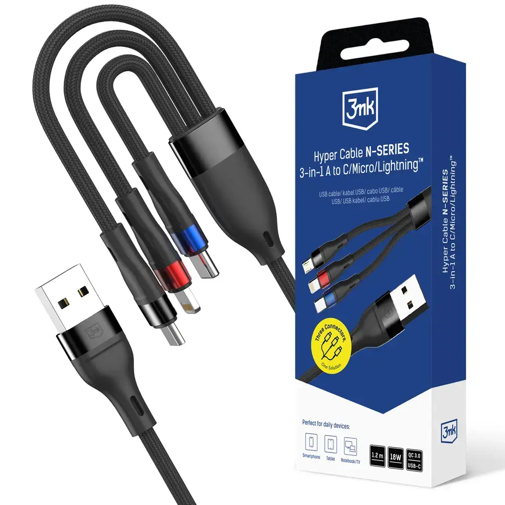 3mk Hyper N-SERIES 3-in-1 datu pārraides un uzlādes vads | USB-A uz USB-C, Micro USB, Lightning | 18W | 1.2m | melns