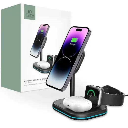Tech-Protect QI15W-A27 беспроводная зарядка 3-в-1 | Qi | Совместима с MagSafe | 15W | чёрная