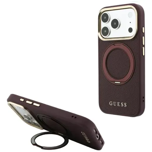 Guess Ring Stand 360 Grained Classic Logo MagSafe Case for iPhone 18 Pro / 17 Pro Burgundy