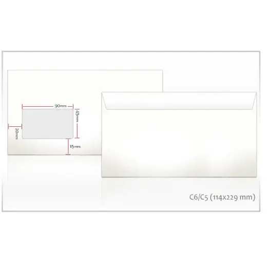 Aploksnes E65 RH formāts, 114x229mm, ar logu 45x90, 1000 gab./iepak., 80g/m2