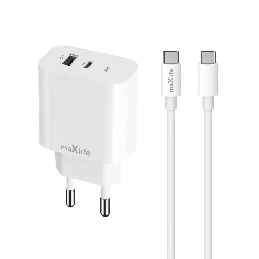 Maxlife MXTC-06-20AC tīkla lādētājs | 20W | PD, QC | USB-C, USB | USB-C uz USB-C vads komplektā | balts