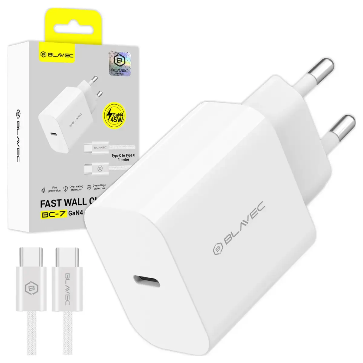 Blavec BC-7 tīkla lādētājs | 45W | PD, QC, GaN | USB-C | ar USB-C uz USB-C vadu komplektā | balts