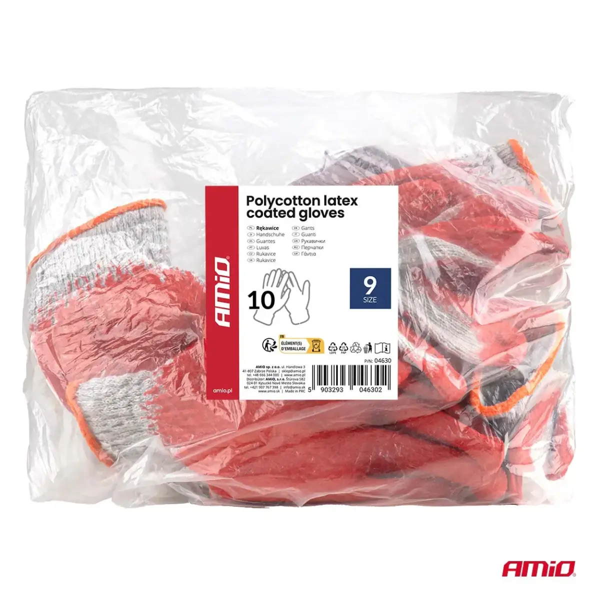 Polycotton latex coated gloves 10 pcs Size 9 AMIO-04630