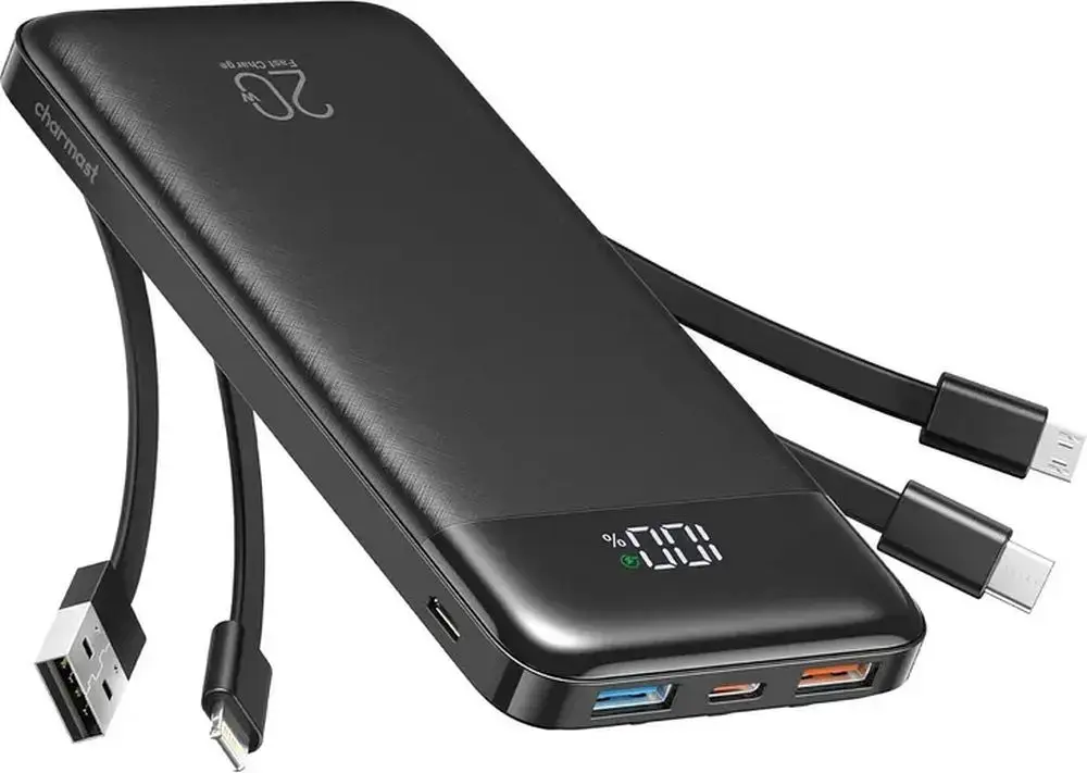 Charmast W1148 ārējais akumulators (powerbank) | 10 000 mAh | 15W | USB-A, USB-C, Lightning, Micro USB | LED ekrāns | melns