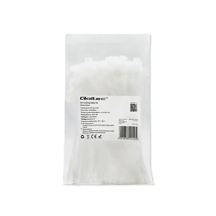 Qoltec Self-locking cable tie | 4.8*160 mm | 100 pcs. | Nylon66 | UV | White