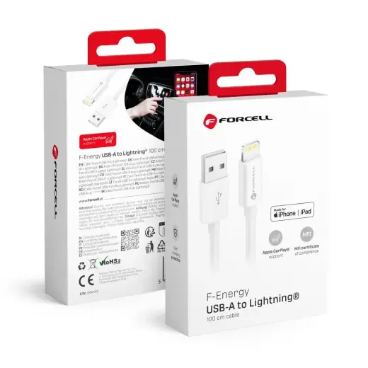 Forcell F-Energy C703 duomenų perdavimo ir įkrovimo laidas | MFI | USB-A į Lightning | 12W | 1m | baltas