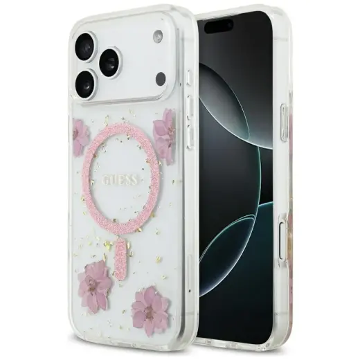 Guess Resin Flowers Glitter telefoni ümbris MagSafe toega iPhone 17 Pro Max roosa