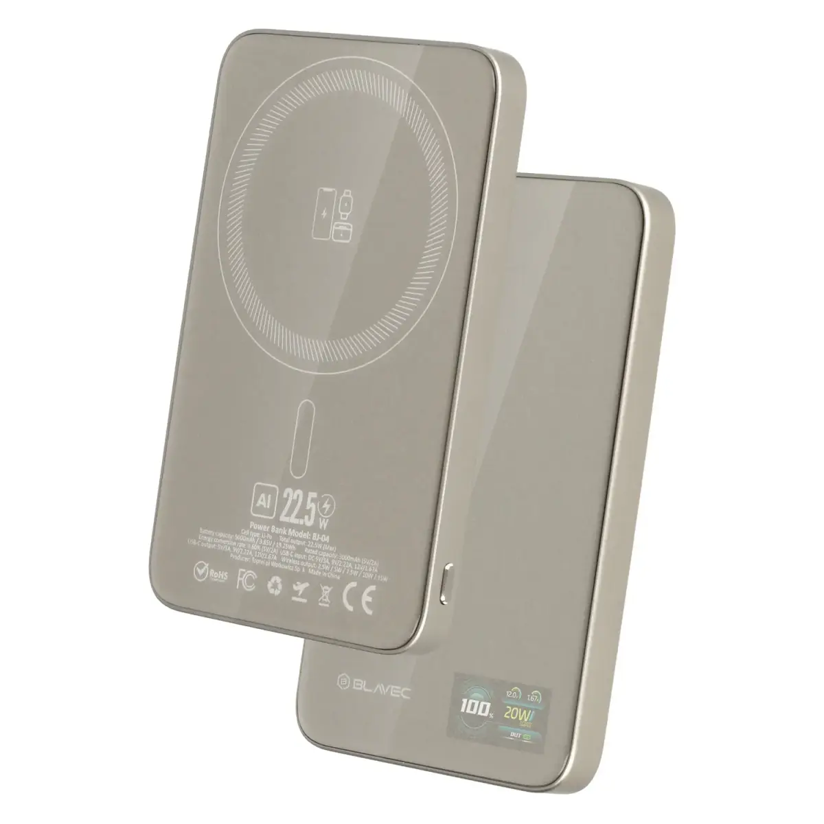 Blavec BJ-04 Ultra Slim 7,8mm external battery (powerbank) | 5000 mAh | 22.5W | USB-C, MagSafe | LED display | gray