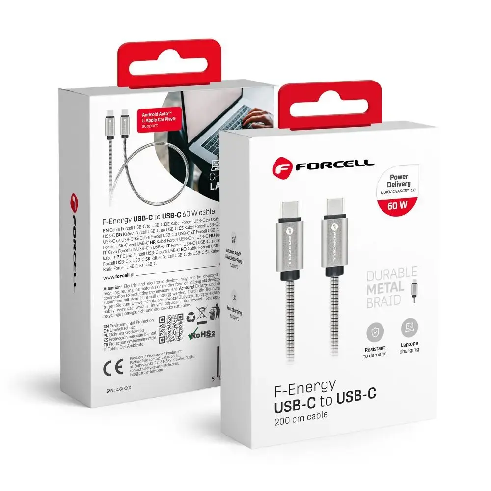 Forcell F-Energy C237 data transfer and charging cable | USB-C to USB-C | QC 4.0, PD | 66W | 2m | silver