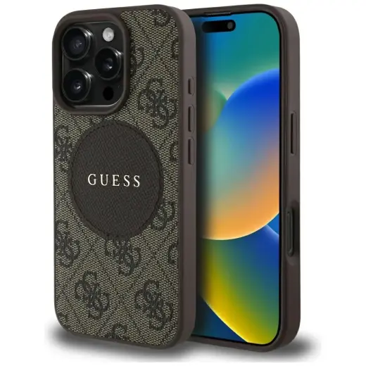 Guess Circle Classic Logo phone case for iPhone 16 Pro brown with MagSafe support