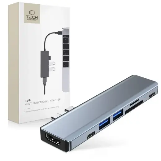 HUB Tech-Protect V5 7in1 2x USB-C - USB-A 3.0 | USB-A 2.0 | 2x USB-C | HDMI | micro SD | TF | SD card reader - gray
