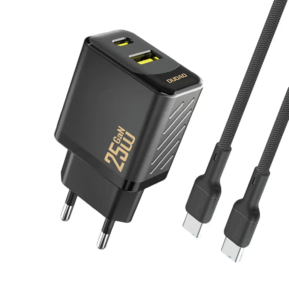 Dudao A26TCEU tīkla lādētājs | 25W | PD, QC, GaN | USB-C, USB-A | ar USB-C uz USB-C vadu komplektā | melns