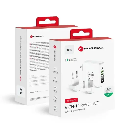 Forcell F-Energy 4in1 väline akupank (powerbank) | 8 000 mAh | 15W | USB-A, USB-C, Wireless | valge