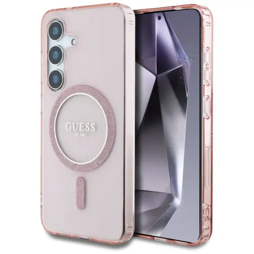 Etui Guess Glitter Circle Classic Logo    MagSafe do Samsung Galaxy S25 różowy